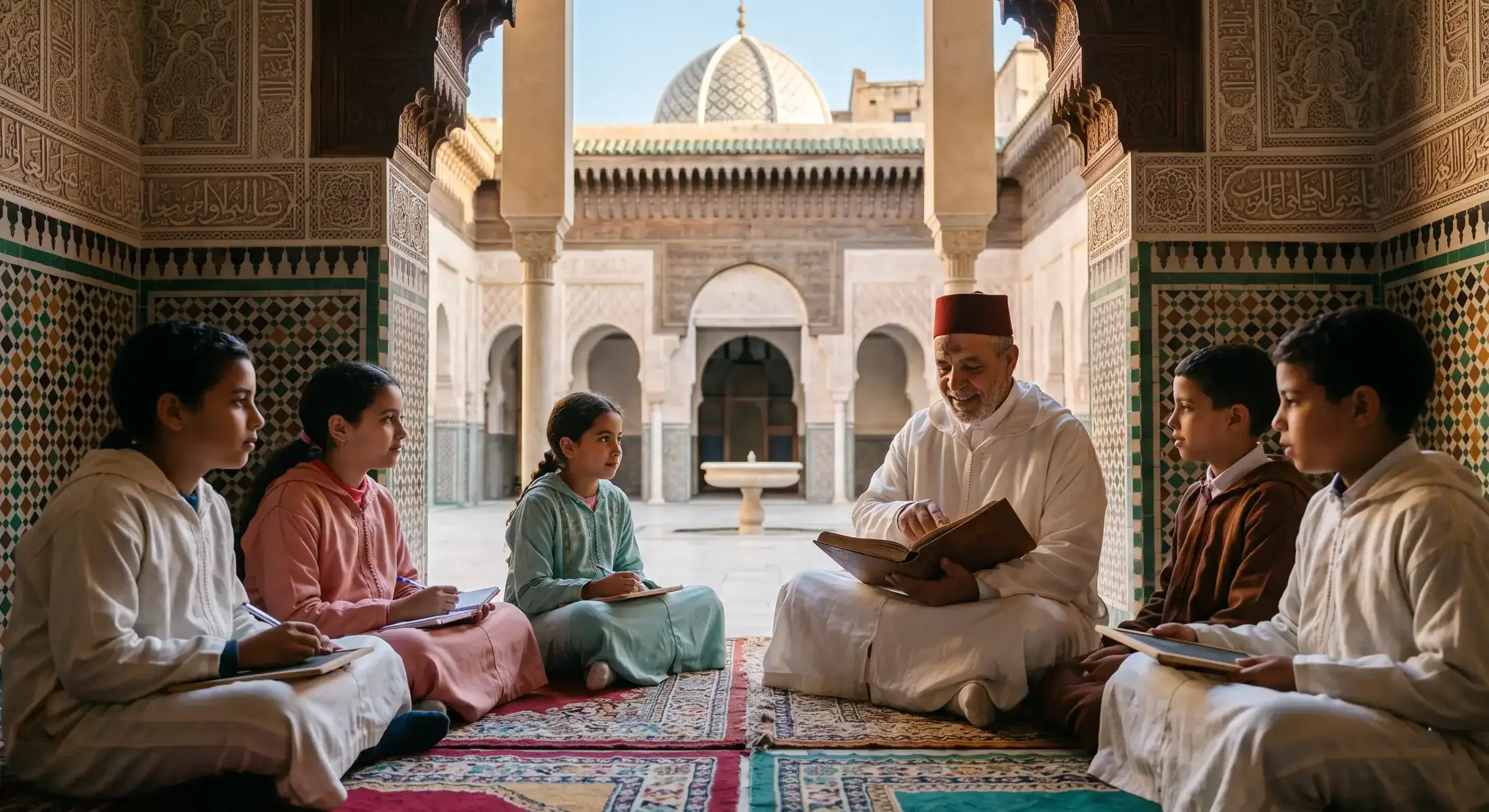 enseignant en habit traditionnel marocain djellaba et tarbouche transmettant le savoir à de jeunes élèves dans le patio dune médersa historique ornée de zelliges