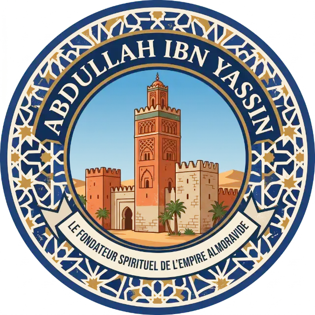 emblème de abdullah ibn yassin fondateur du mouvement almoravide avec une illustration de forteresse ribat et de cavaliers