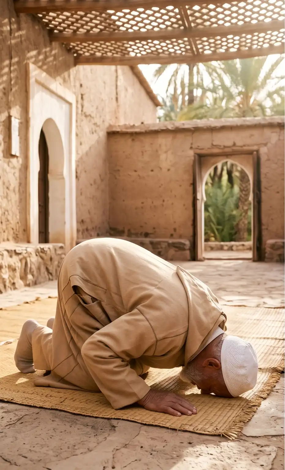 Personne en posture de prosternation (Sujud) sur un tapis de prière à l'intérieur d'un édifice sacré aux arches éclairées.