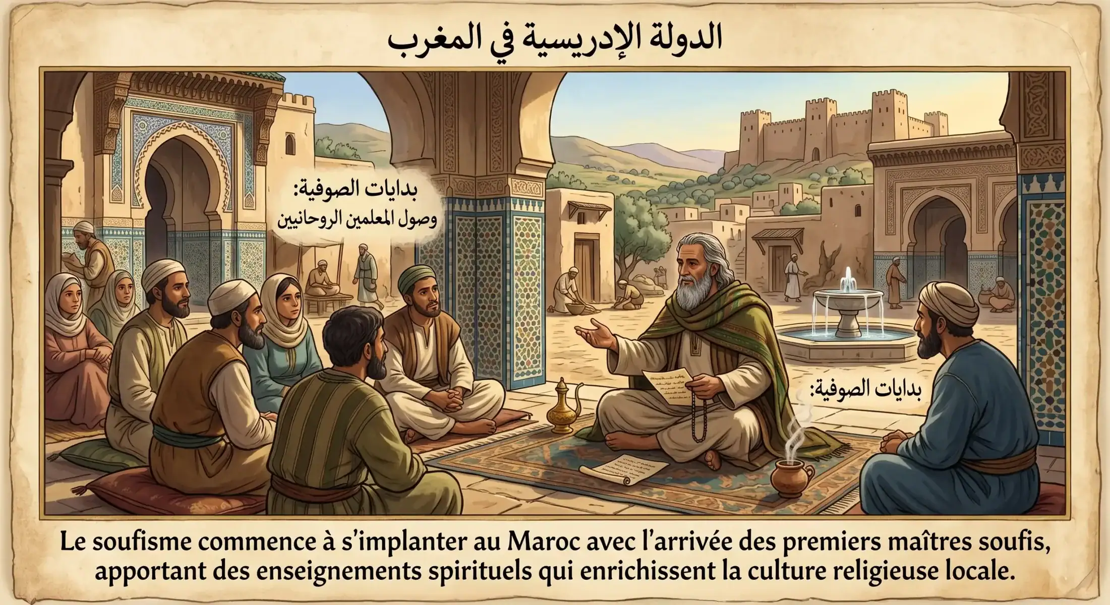 Illustration historique de l'introduction du soufisme au Maroc, montrant des érudits et des voyageurs arrivant dans une médina médiévale marocaine.