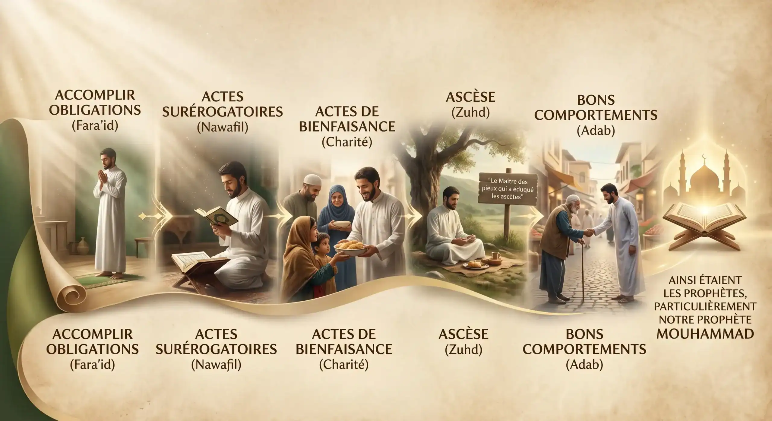 infographie montrant les étapes du cheminement spirituel  obligations actes surérogatoires bienfaisance ascèse et bons comportements