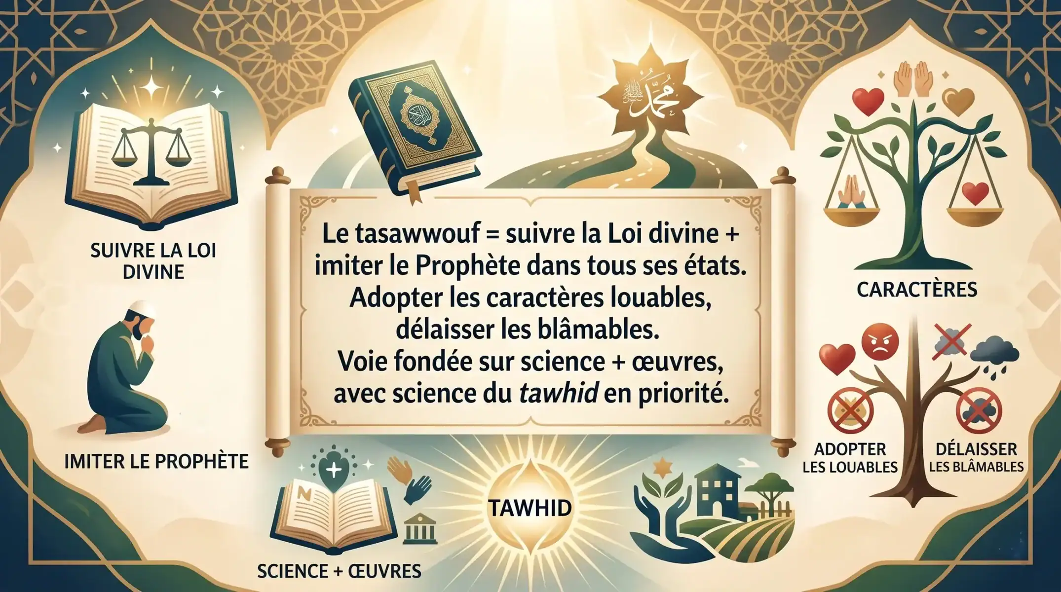 infographie définissant le tasawwouf comme le suivi de la loi divine et limitation du prophète basée sur la science et les œuvres