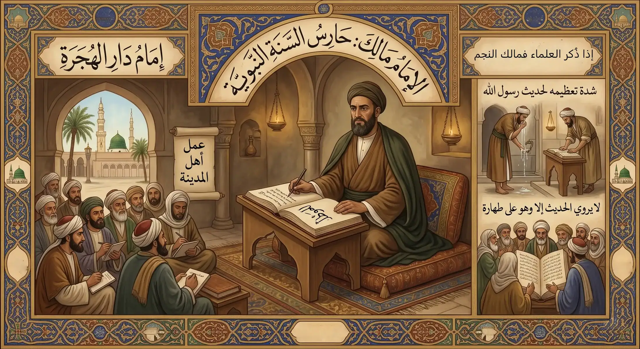 illustration artistique de lécole de limam malik au maroc avec une calligraphie arabe sur fond de manuscrit ancien et des motifs de zelliges traditionnels