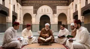 cercle détudiants en théologie tolba écoutant un cheikh dans le patio dune médersa marocaine illustrant lenseignement du rite malikite