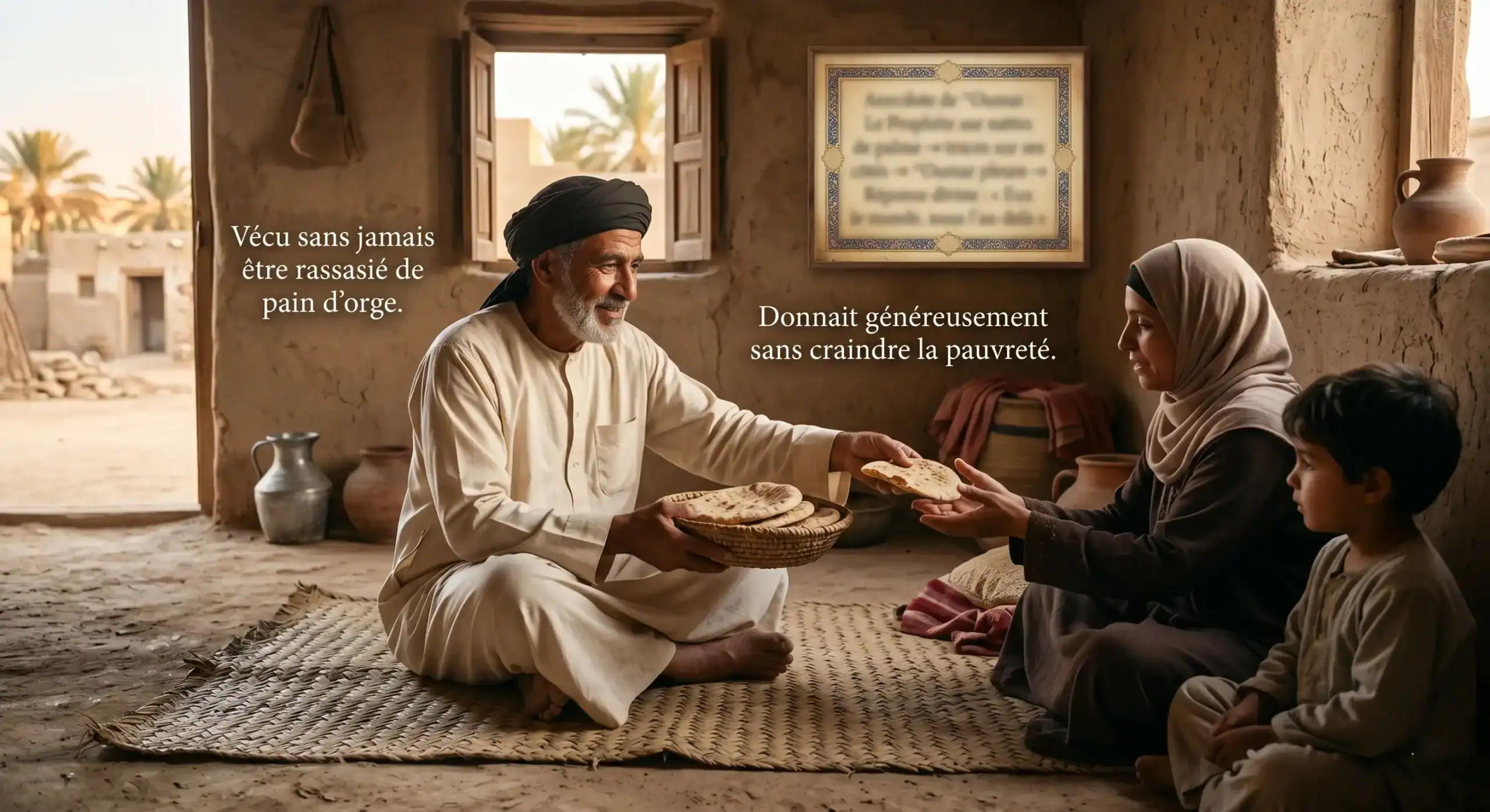 illustration dun homme partageant du pain avec une femme et un enfant dans un intérieur modeste symbolisant la générosité et lascèse