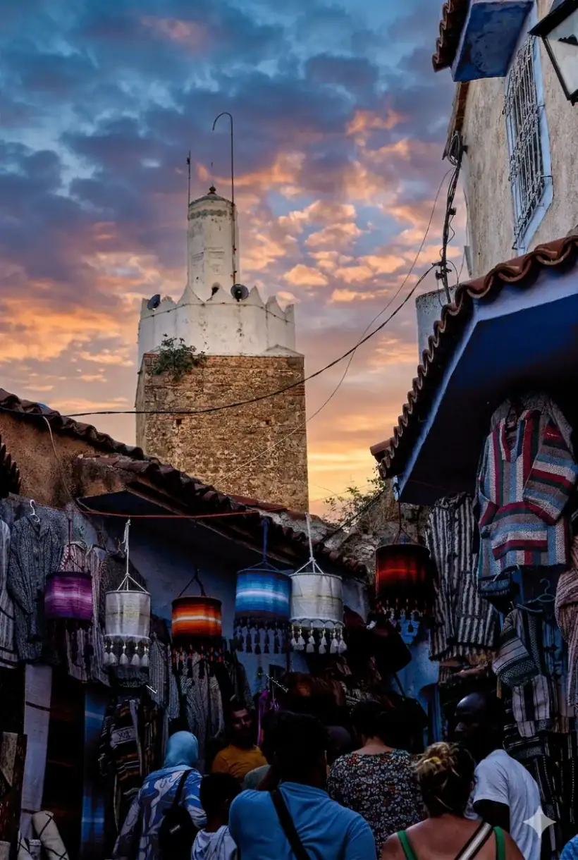minaret octogonal de la grande mosquée de chefchaouen au coucher du soleil avec lanternes et textiles artisanaux