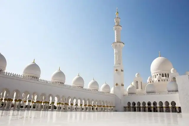 Détail de l'architecture baroque et islamique de la Grande Mosquée Cheikh Zayed à Abu Dhabi, avec ses dômes blancs et ses colonnes incrustées de nacre.