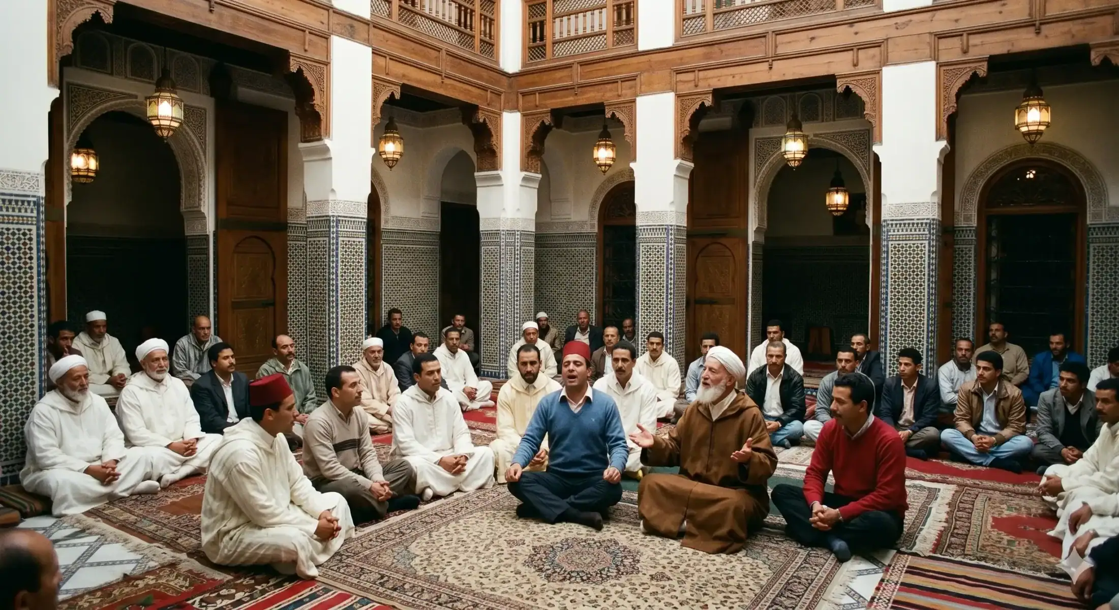 Cercle de Hadra soufie au Maroc, montrant des disciples en tuniques traditionnelles pratiquant le Dhikr collectif dans une zaouïa ou un lieu spirituel.