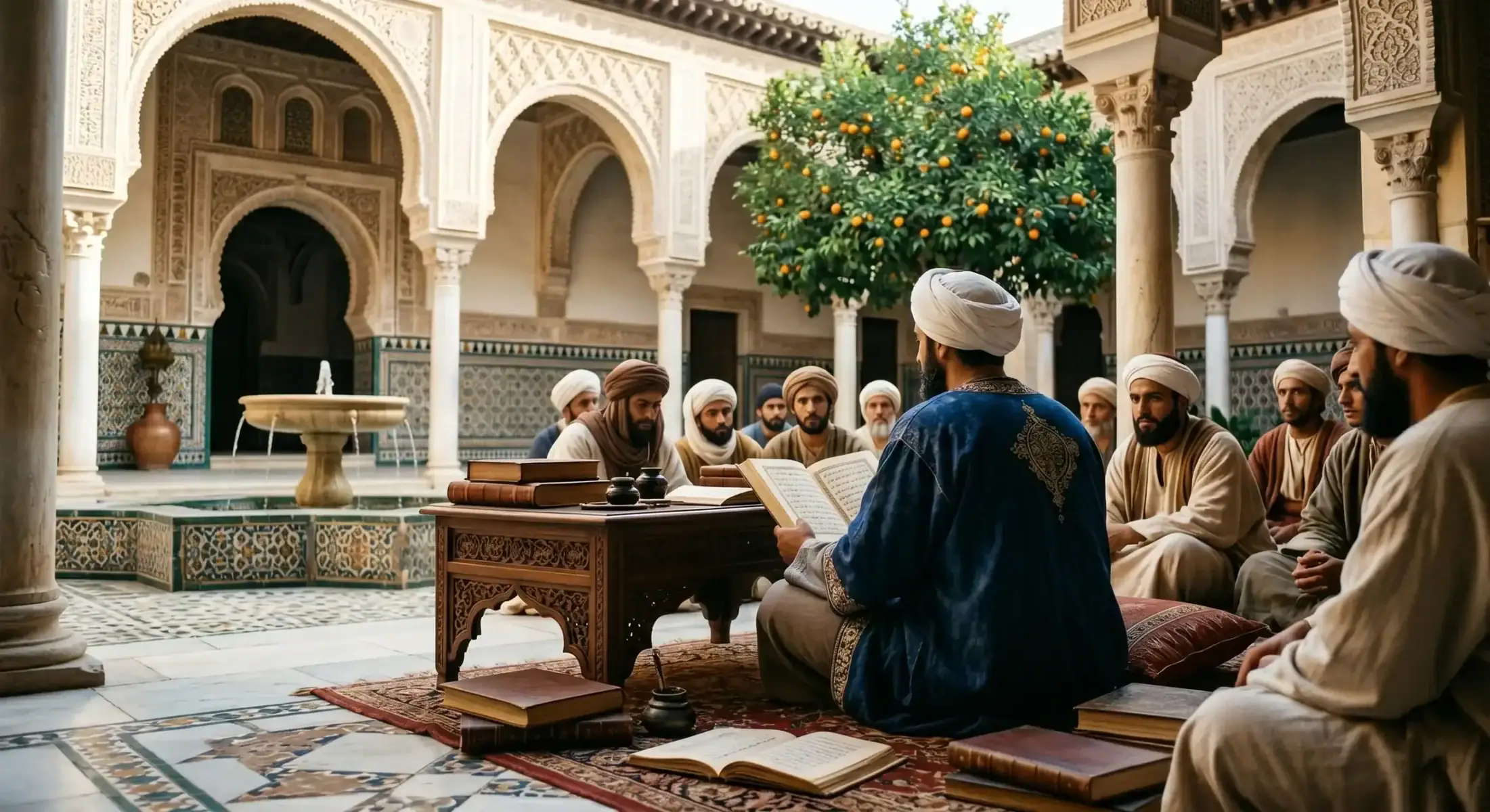 illustration dibn rochd al jadd le grand père célèbre cadi et juriste malikite de cordoue en habit traditionnel devant la mezquita symbolisant lautorité du fiqh andalou
