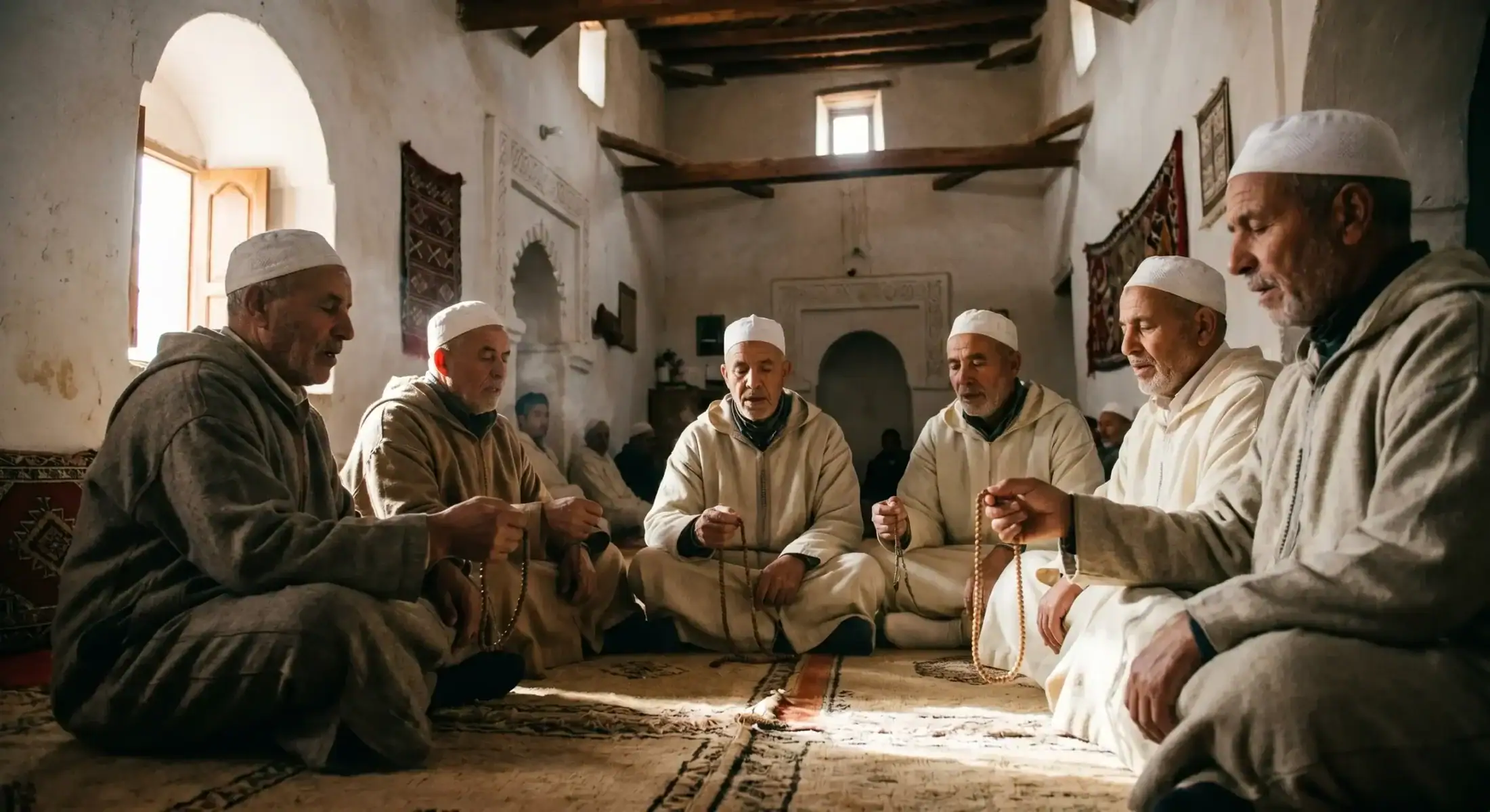 homme marchant avec un chapelet tasbih devant une mosquée traditionnelle dans la région dazilal au cœur des montagnes du haut atlas marocain