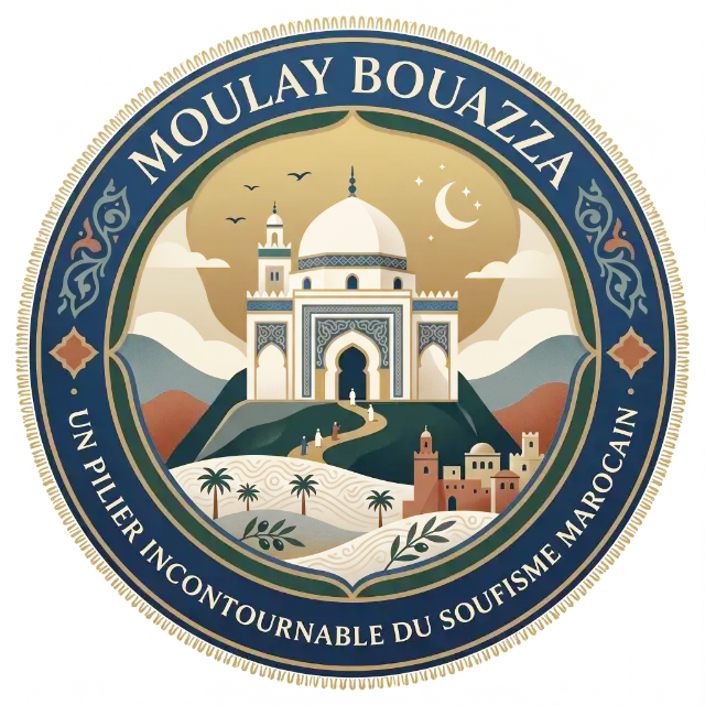 circular seal showing a desert scene with a domed mosque palm trees and a winding road inside a blue gold border appears to be an official insignia