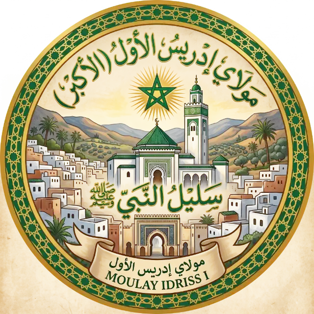 emblème de moulay idriss al akbar fondateur de lÉtat marocain avec une illustration de la ville de moulay idriss zerhoun