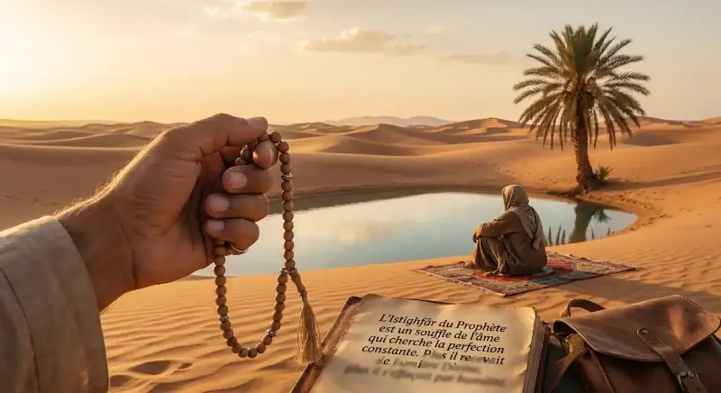 illustration spirituelle dune oasis paisible au coucher du soleil avec une calligraphie arabe al istighfar sur un parchemin symbolisant la paix intérieure