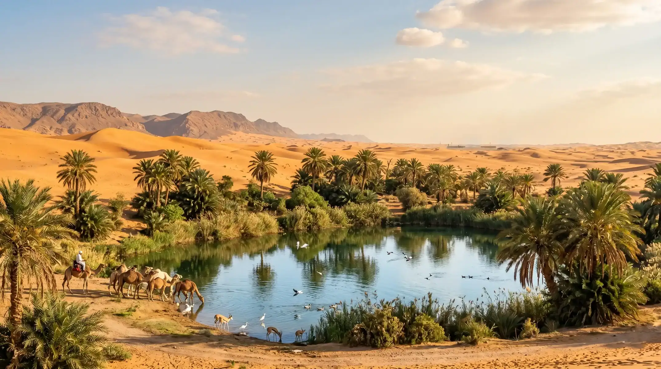 paysage dune oasis verdoyante dans le sahara marocain avec des palmiers dattiers au milieu des dunes de sable sous un ciel bleu