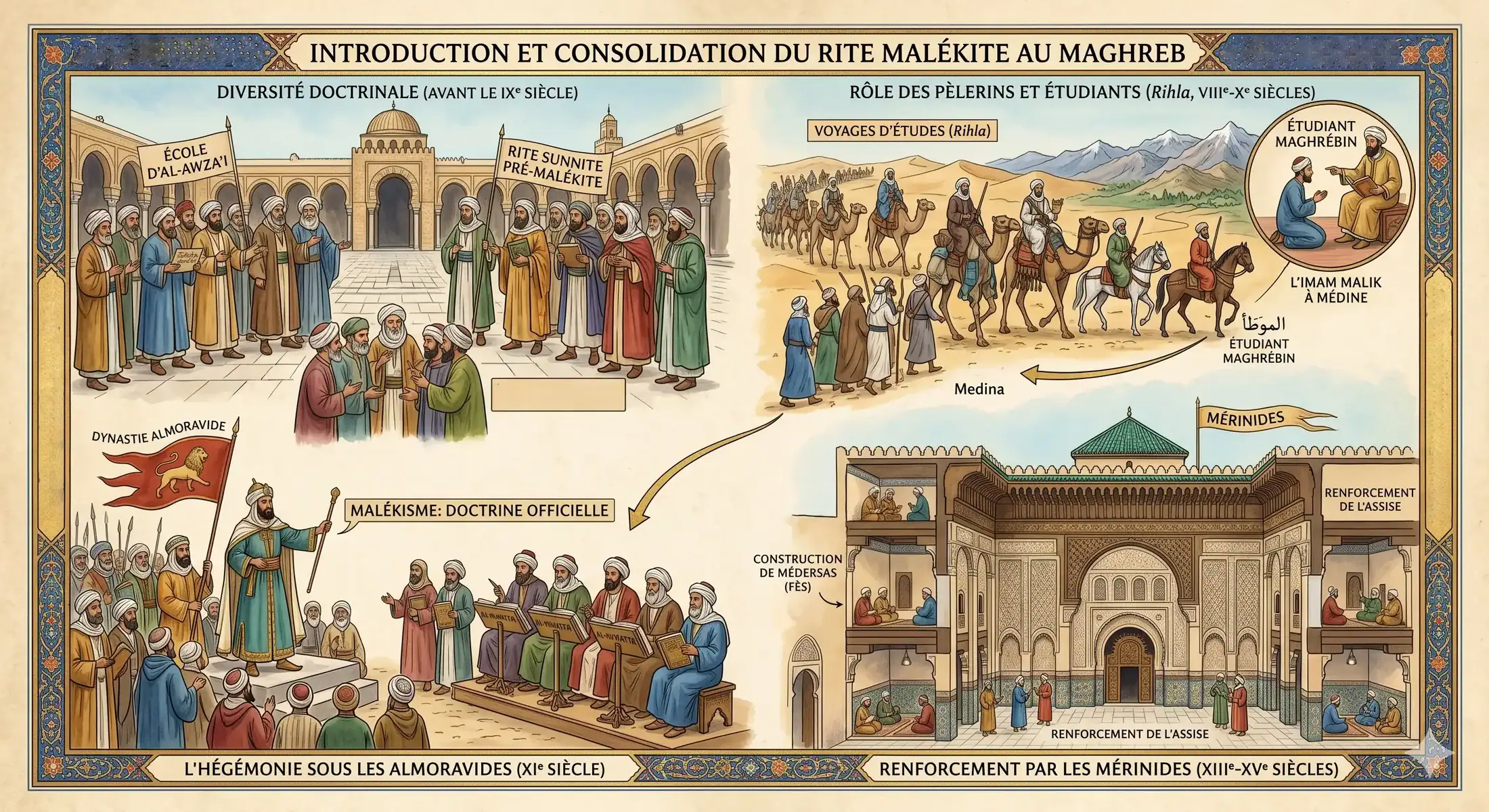 illustration graphique sur le rite malikite au maroc présentant des calligraphies arabes sur un fond de parchemin vieilli orné de motifs géométriques et floraux