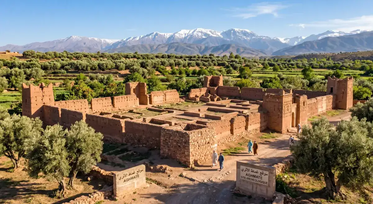 vue panoramique des ruines de la cité médiévale daghmat avec ses structures en pisé ses oliviers et les sommets enneigés du haut atlas en arrière plan