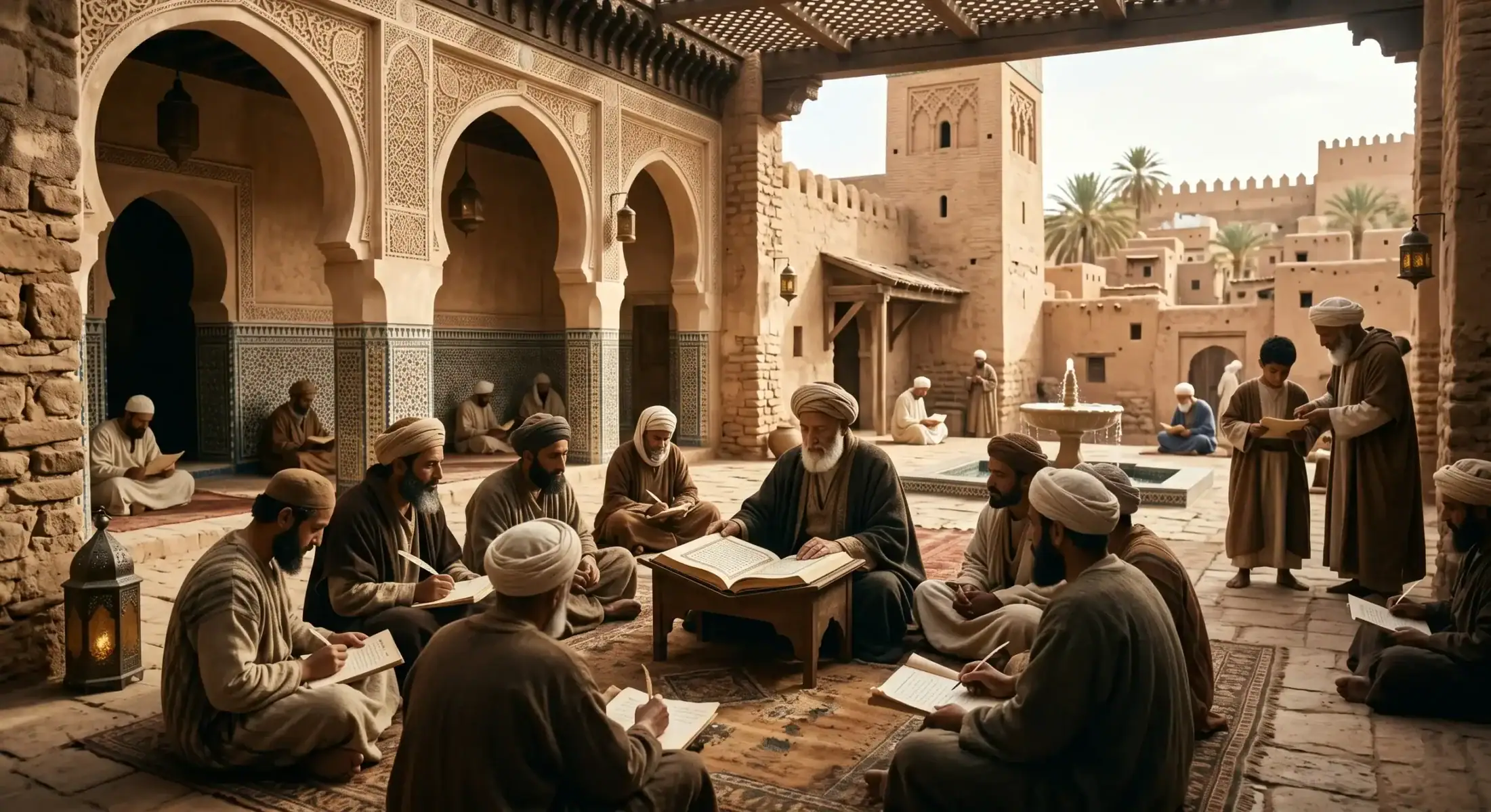 Reconstitution historique d'une cité marocaine à l'époque Almoravide, illustrant l'ancrage du malikisme et des débuts du soufisme au Maghreb.