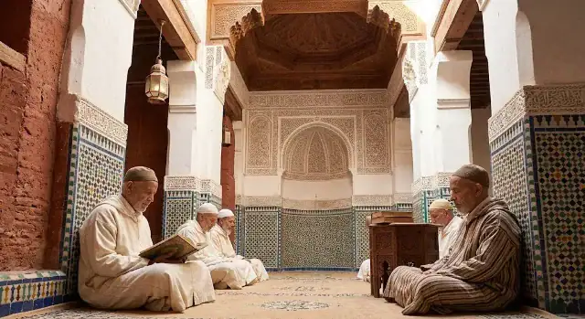 groupe de sages et disciples en habits traditionnels djellabas lisant le coran dans une zaouïa marocaine illustrant la sérénité et le détachement spirituel