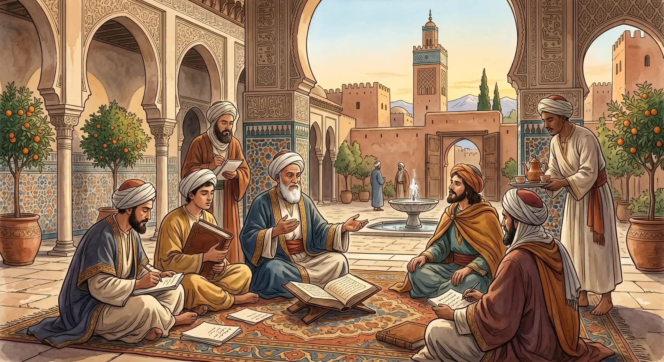 Illustration historique du Maroc à l'époque Almohade, montrant une médina fortifiée avec une grande mosquée au minaret carré typique et des érudits en discussion.