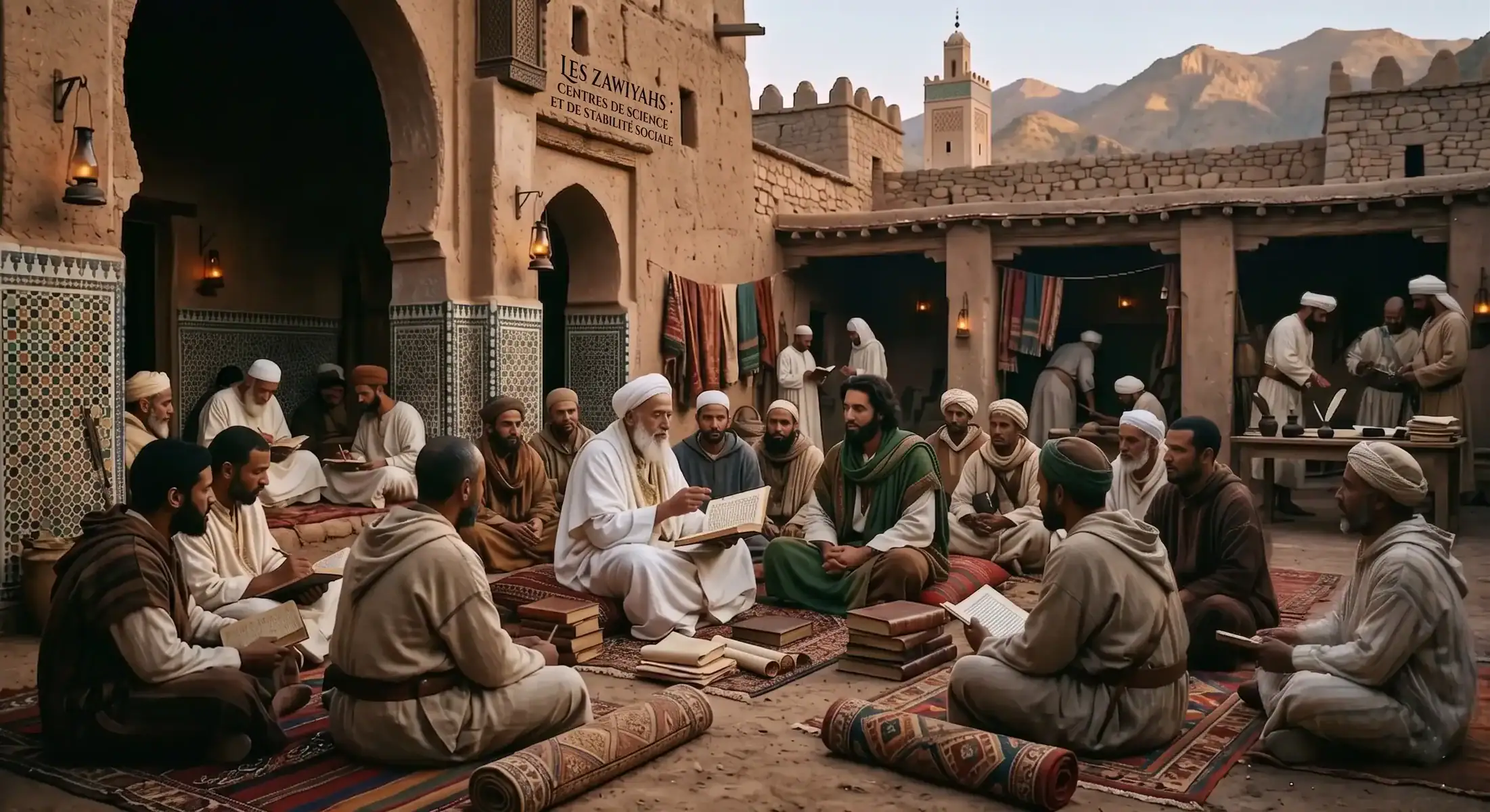 illustration artistique du tassaouf au maroc soufisme présentant des calligraphies arabes sur un parchemin ancien avec des motifs de zelliges et une ambiance spirituelle