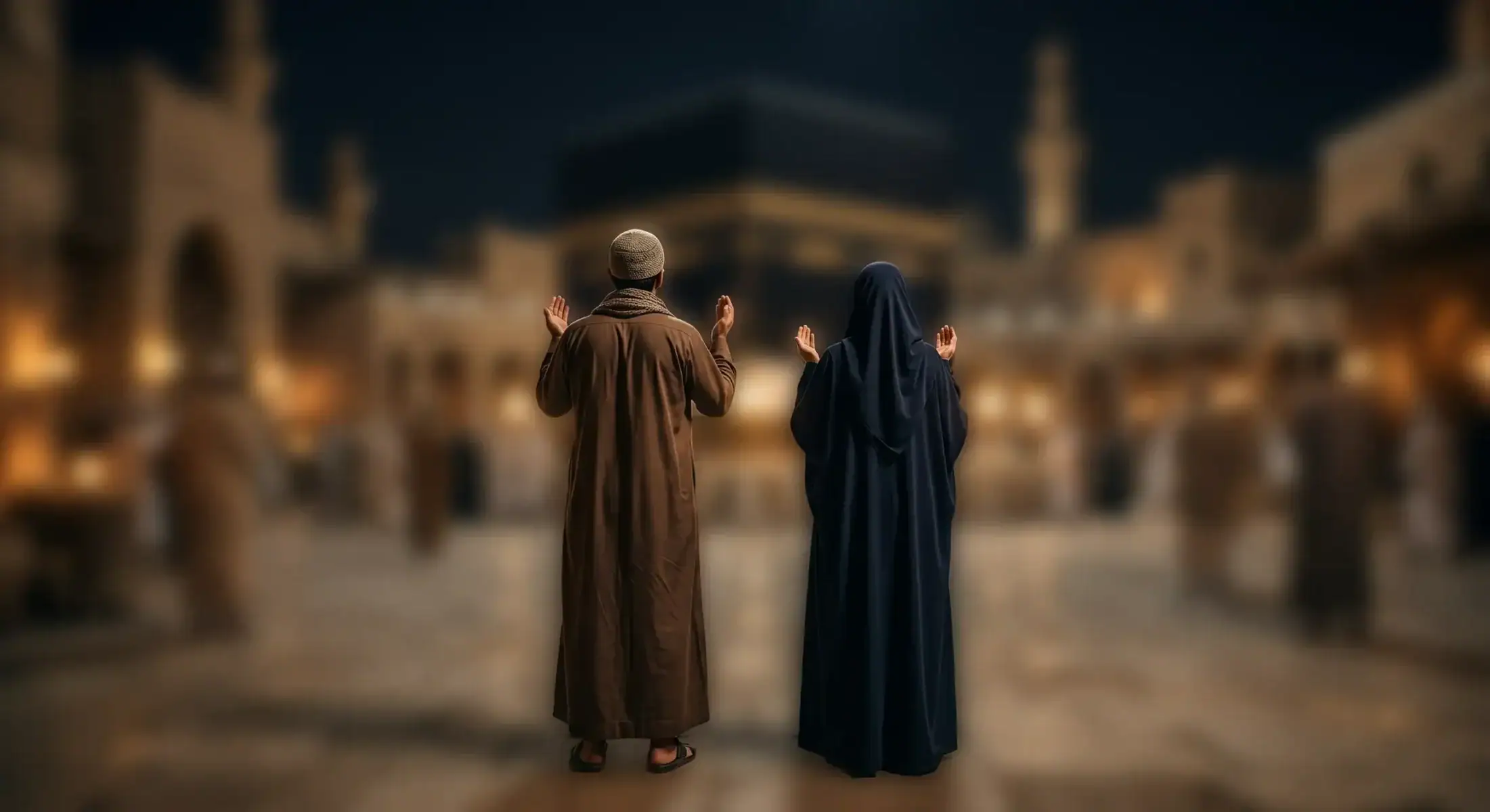 Vue de la Kaaba à La Mecque (Masjid al-Haram) avec des pèlerins en prière, symbolisant l'unité des croyants et la pratique du Tawassoul dans la tradition sunnite.