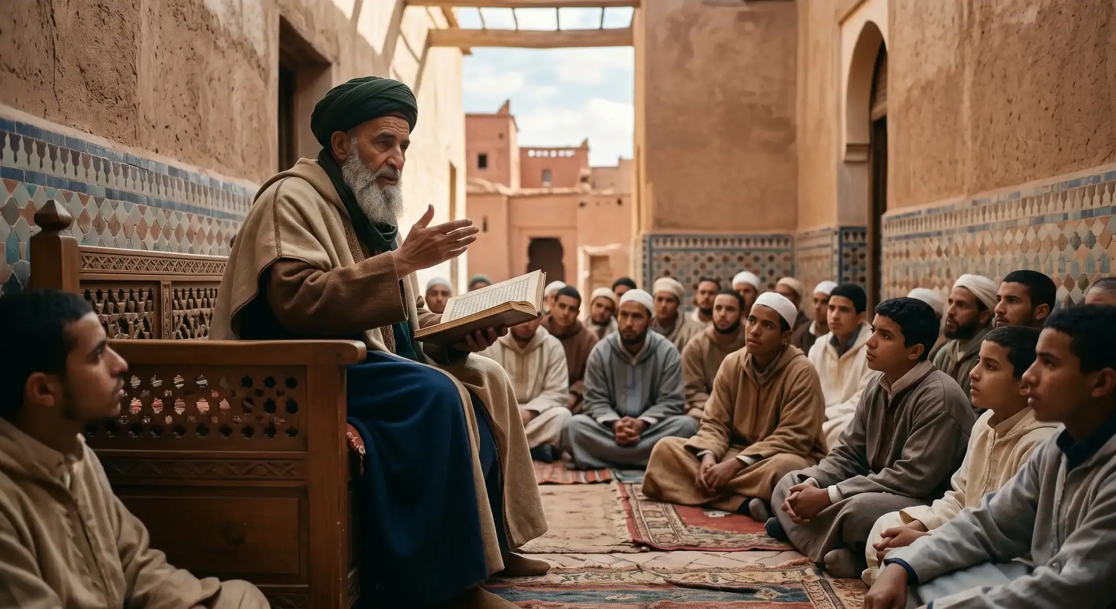 illustration dun savant musulman en habit traditionnel djellaba et turban enseignant à de jeunes élèves dans le patio fleuri dune médersa marocaine richement décorée de zelliges