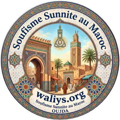 Logo circulaire du Soufisme Sunnite au Maroc à Oujda, affichant le site waliys.org au milieu d'une illustration de médina marocaine avec des minarets, des palmiers et des motifs géométriques zellige.