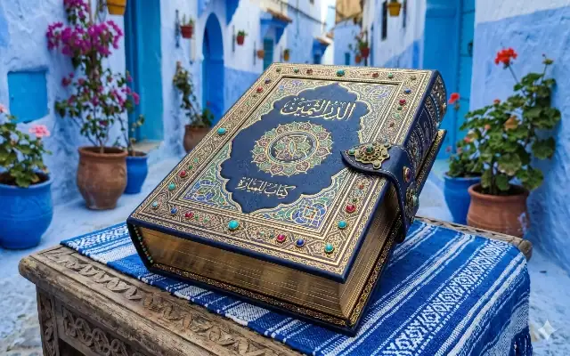 Livre de collection Ad-Durr ath-Thamin de l'Imam Mayara posé sur une table en bois dans une ruelle bleue typique de la médina de Chefchaouen au Maroc.