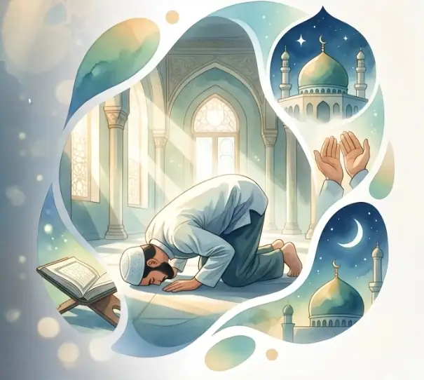 Illustration montrant un homme en prosternation (sujud) durant la prière, une mosquée et le Coran ouvert, avec le texte L'adoration en islam : définition, portée et distinction avec le tawassoul.