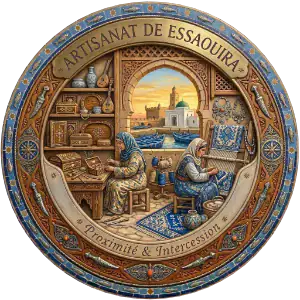 Illustration d'artisans à Essaouira travaillant le bois de thuya et la marqueterie, avec les remparts de la Skala et des mouettes en arrière-plan, dans un médaillon ornementé.