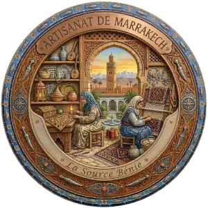 Illustration d'artisanes à Marrakech travaillant sur de la broderie et un métier à tisser, avec la mosquée de la Koutoubia et les montagnes de l'Atlas en arrière-plan, dans un médaillon ornementé.