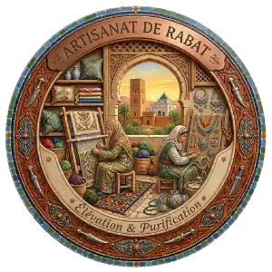 Illustration d'artisanes à Rabat travaillant sur de la broderie et des bijoux traditionnels, avec la Tour Hassan et un dôme blanc en arrière-plan, dans un médaillon ornementé.