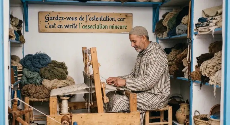 Un artisan tisserand assis de profil en djellaba rayée travaille sur un métier à tisser en bois dans son atelier. Les étagères entourent l'artisan et débordent de pelotes de laine de différentes couleurs. Au-dessus de lui, un panneau en bois affiche l'inscription en français : "Gardez-vous de l'ostentation, car c'est en vérité l'association mineure".