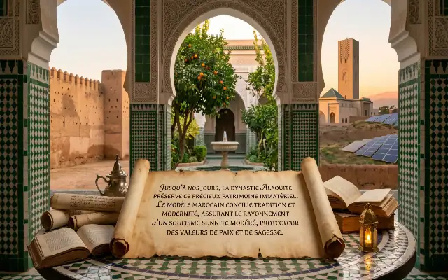 Parchemin ouvert présentant un texte sur la dynastie Alaouite et le soufisme sunnite modéré au Maroc, posé sur une table en zellige dans un riad avec vue sur un minaret et des panneaux solaires.