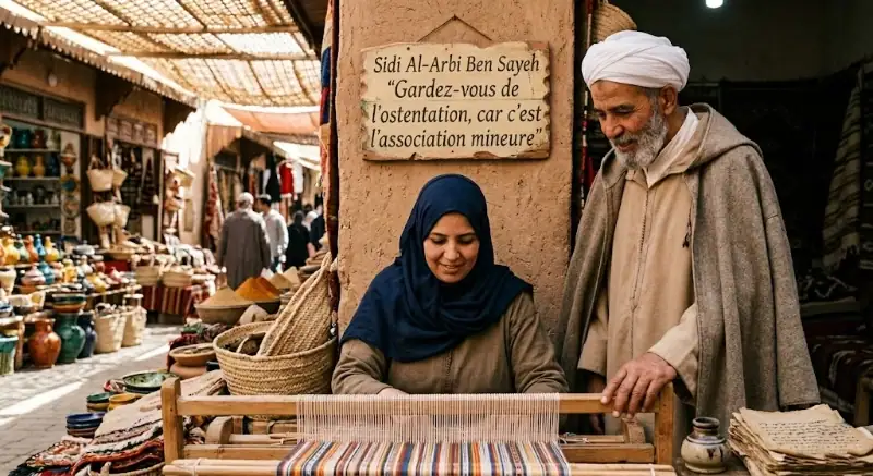 Dans un souk traditionnel à Salé, une femme artisane portant un hijab bleu travaille sur un métier à tisser en bois. À ses côtés, un homme âgé avec un turban blanc observe son travail. Derrière eux, sur un pilier en terre, un panneau en bois affiche l'inscription : "Sidi Al-Arbi Ben Sayeh 'Gardez-vous de l'ostentation, car c'est l'association mineure'". Les étals du marché avec des paniers et des poteries sont visibles à l'arrière-plan.
