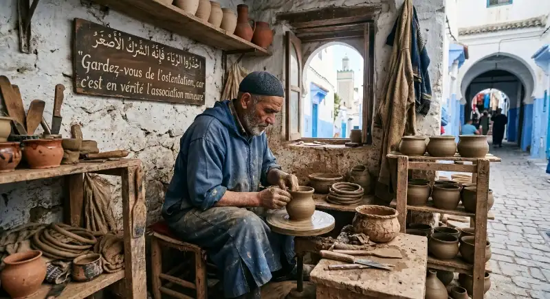 Un artisan potier âgé en djellaba bleue travaille l'argile sur son tour dans un atelier traditionnel, sous un panneau en bois écrit en arabe et en français : "Gardez-vous de l'ostentation, car c'est en vérité l'association mineure". En arrière-plan, une ruelle bleue de style marocain (Chefchaouen) est visible par la fenêtre.