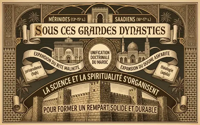 Illustration historique sur l'unification doctrinale du Maroc sous les dynasties Mérinides et Saadiens, mettant en avant l'expansion du rite malikite (jurisprudence) et du dogme ash'arite (théologie) pour former un rempart solide.