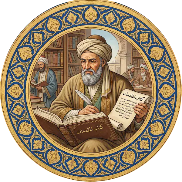 Illustration d'Ibn Rochd (Averroès) écrivant dans une bibliothèque, entouré de manuscrits anciens et de savants dans un médaillon ornementé.