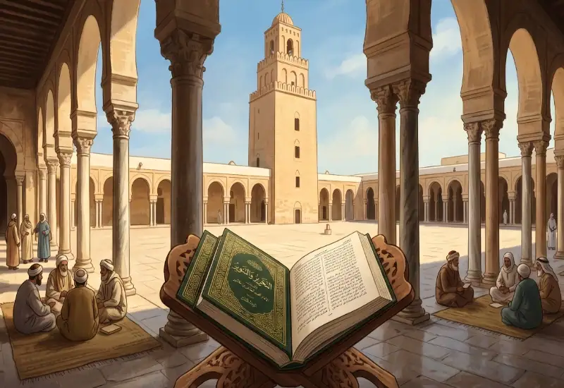 Un livre ouvert écrit en arabe intitulé "Al-Tahrir wa-al-Tanwir" posé sur un support en bois (rahla) au premier plan. En arrière-plan, la cour intérieure d'une mosquée traditionnelle de style tunisien ou maghrébin (rappelant la Zitouna) avec son grand minaret carré, des arcades et des groupes de savants ou d'étudiants assis en cercle sur des tapis.