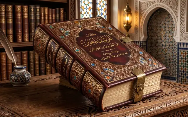 Ouvrage relié en cuir et dorures du Kitab Al-Murshid al-Mu'in d'Ibn 'Ashir posé sur une table en bois sculpté, avec une plume et un encrier dans une bibliothèque de style marocain.
