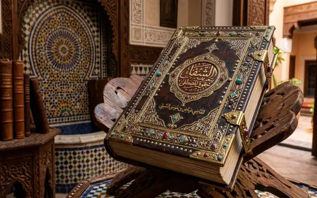 Exemplaire richement relié du livre Kitab Al-Shifa du Cadi Ayyad posé sur un lutrin en bois sculpté, dans un patio de style arabo-andalou avec zelliges marocains.