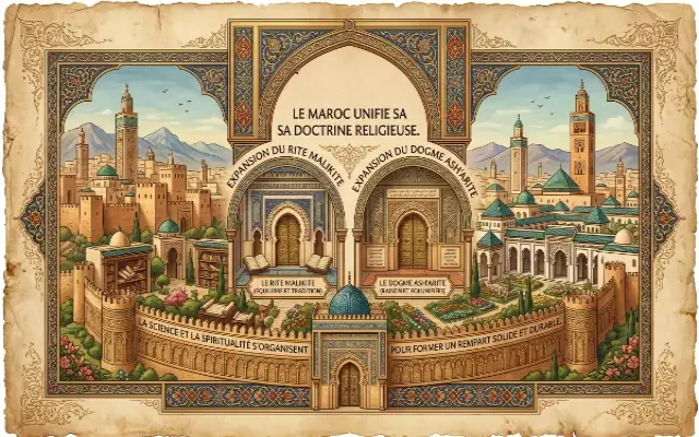 Une illustration de style manuscrit ancien représentant une cité marocaine fortifiée divisée en deux arcs sémantiques sous le titre général "Le Maroc unifie sa sa doctrine religieuse". À gauche, une arche surmontée de l'inscription "Expansion du rite malikite" montre l'intérieur d'une madrasa avec la mention "Le rite malikite (équilibre et tradition)". À droite, une arche intitulée "Expansion du dogme ash'arite" abrite la mention "Le dogme asharite (raison et justesse)". Au bas de la muraille de la ville, on peut lire : "La science et la spiritualité s'organisent pour former un rempart solide et durable".