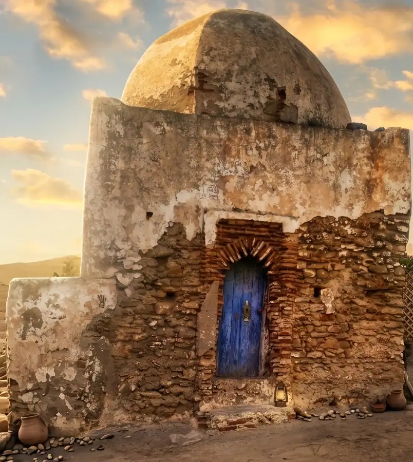 Mausolée historique de Lalla Menana El Masbahiya à Larache, architecture traditionnelle en pierre avec porte bleue et dôme.