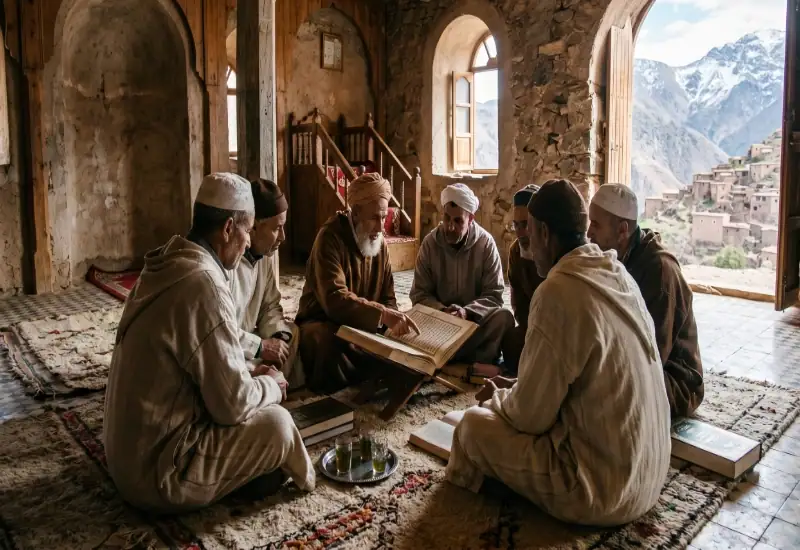 Un groupe d'hommes et de savants en djellabas traditionnelles assis en cercle sur des tapis berbères à l'intérieur d'une mosquée en pierre. Un cheikh au centre pointe du doigt un grand livre ouvert posé sur un support en bois (rahla). Une grande ouverture à droite dévoile une vue magnifique sur un village berbère et des montagnes de l'Atlas enneigées.