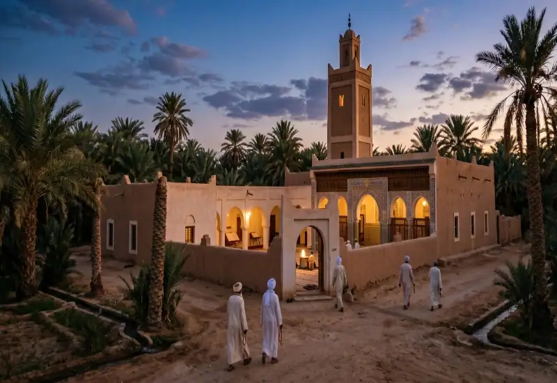 Une mosquée traditionnelle en pisé au coucher du soleil, située au milieu d'une palmeraie luxuriante. L'édifice illuminé de l'intérieur présente un minaret carré de style maghrébin et des arcades. Au premier plan, plusieurs hommes vêtus de tuniques blanches et de turbans marchent sur un chemin de terre en direction de l'entrée de la mosquée.