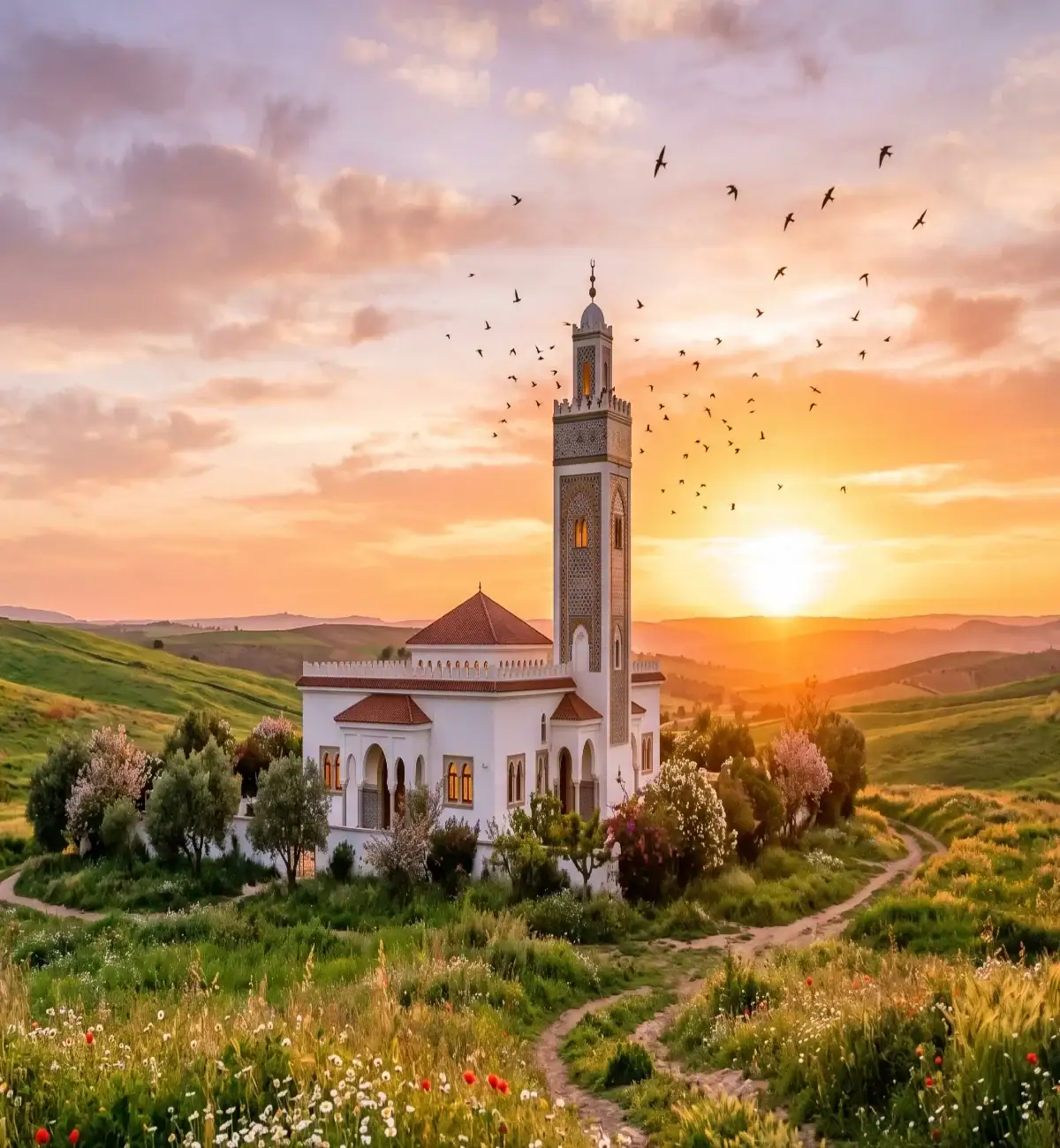 Une mosquée blanche à l'architecture maghrébine avec un haut minaret ciselé, isolée au milieu d'une prairie verdoyante et fleurie de coquelicots. Le soleil couchant embrase le ciel de teintes orangées et dorées en arrière-plan derrière des collines, tandis qu'une nuée d'oiseaux s'envole autour du minaret. Un petit chemin de terre mène à l'édifice entouré d'arbres en fleurs.