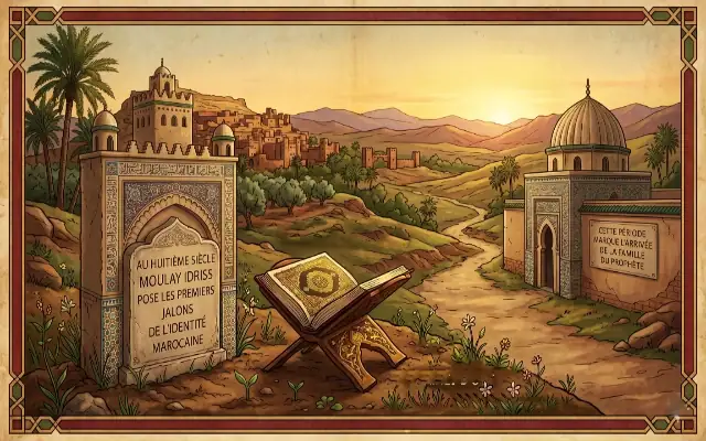 Une illustration historique de style bande dessinée montrant un paysage vallonné du Maroc au coucher du soleil, avec la cité fortifiée de Volubilis ou de Moulay Idriss Zerhoun en arrière-plan. Au premier plan, un Coran ouvert repose sur un support en bois (rahla). À gauche, une stèle sculptée affiche : "Au huitième siècle Moulay Idriss pose les premiers jalons de l'identité marocaine". À droite, un édifice traditionnel avec un dôme porte l'inscription : "Cette période marque l'arrivée de la famille du Prophète".