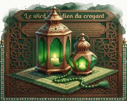 Illustration de deux lanternes orientales en cuivre avec des bougies allumées, posées sur un tapis de prière vert avec un chapelet, devant un panneau explicatif sur le Wird quotidien.
