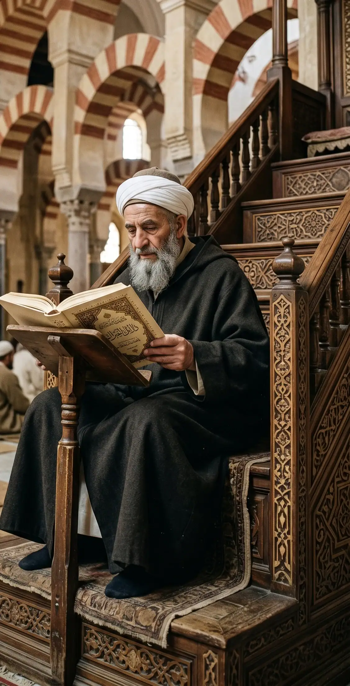 Portrait d'un érudit âgé avec une barbe grise et un turban, assis sur les marches d'un minbar en bois sculpté, lisant un manuscrit ancien dans une mosquée aux arcs bicolores.
