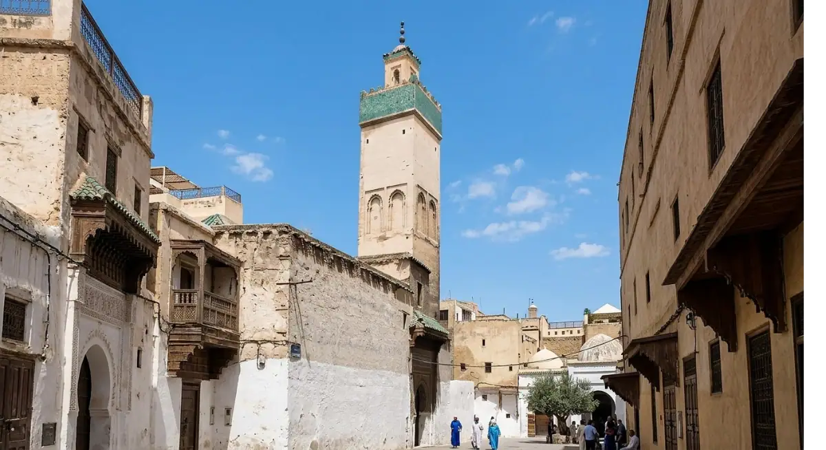 Minaret de la Zaouïa Ben Souda s'élevant au milieu d'une ruelle traditionnelle de la médina de Fès sous un ciel bleu.